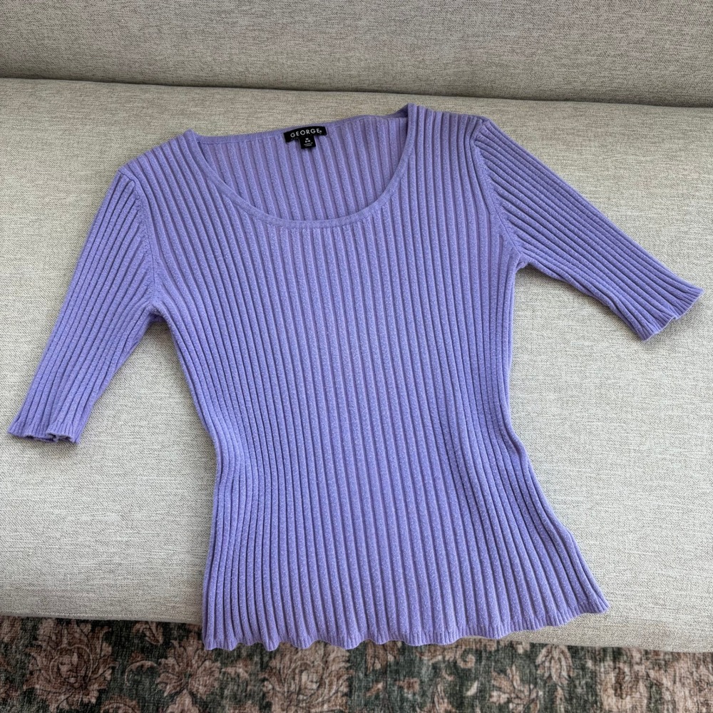 George Ribbed Knit Top M Lilac Purple Short Sleeve 2010s Romantic Office Y2K